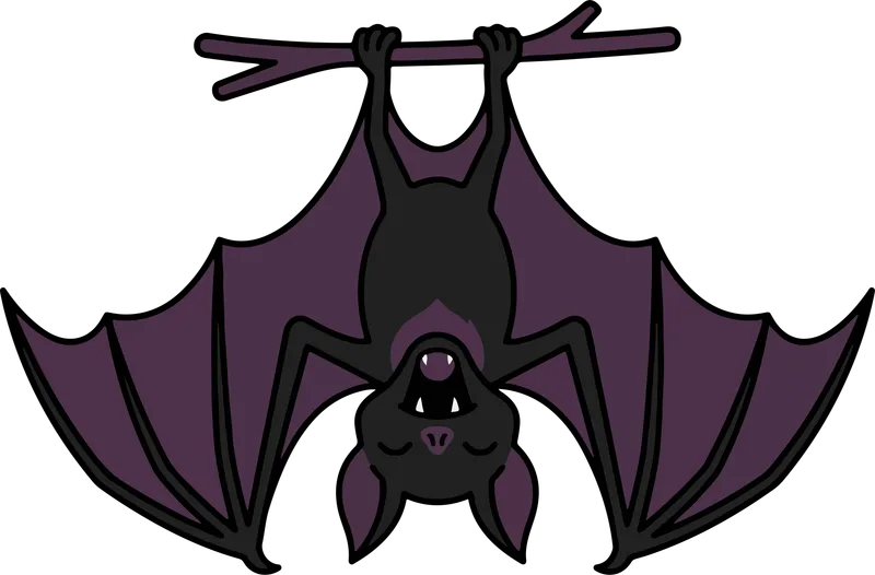 Cartoon bat hanging upside down from a branch with spread purple wings and small fangs