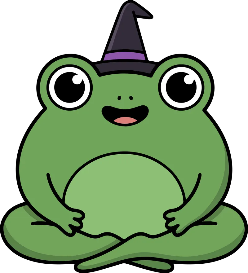 Round green frog sitting cross-legged with a happy open mouth and a dark witch hat