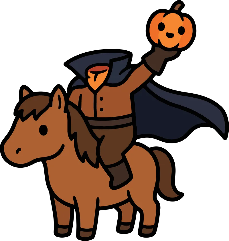 Cartoon headless horseman in a dark cape on a brown horse holding up a jack-o'-lantern