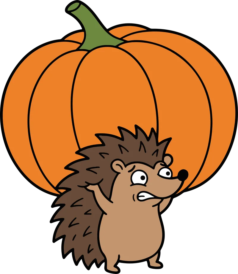 Brown hedgehog straining under a huge orange pumpkin on its back with a worried face