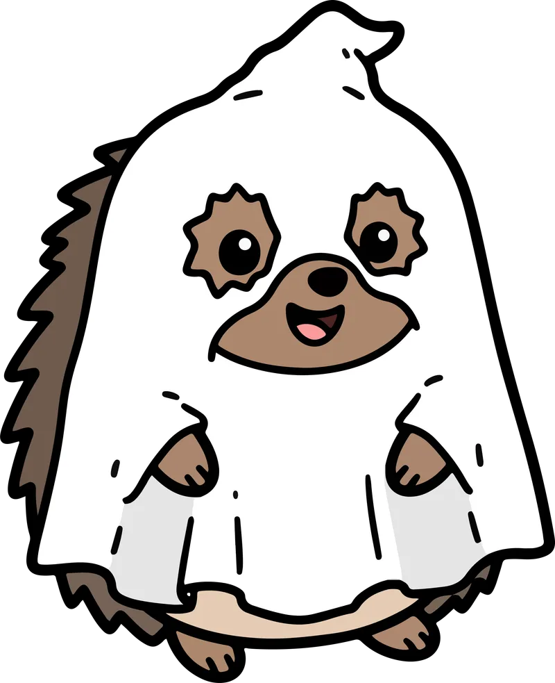 Smiling hedgehog wearing a white ghost sheet with its spiky back and feet peeking out