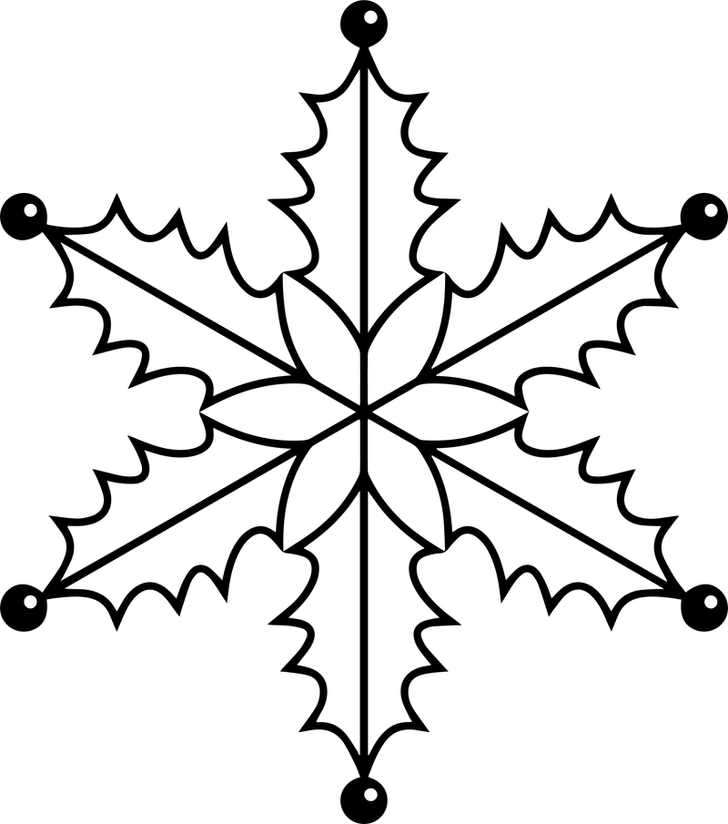 Line art of a star-shaped snowflake made of six holly-like leaves with ball tips