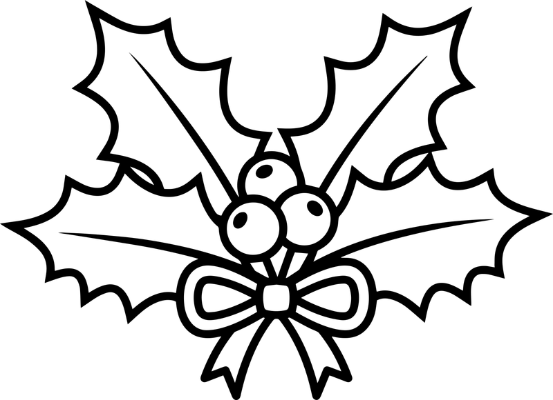 Line art of holly leaves with a berry cluster and a small bow