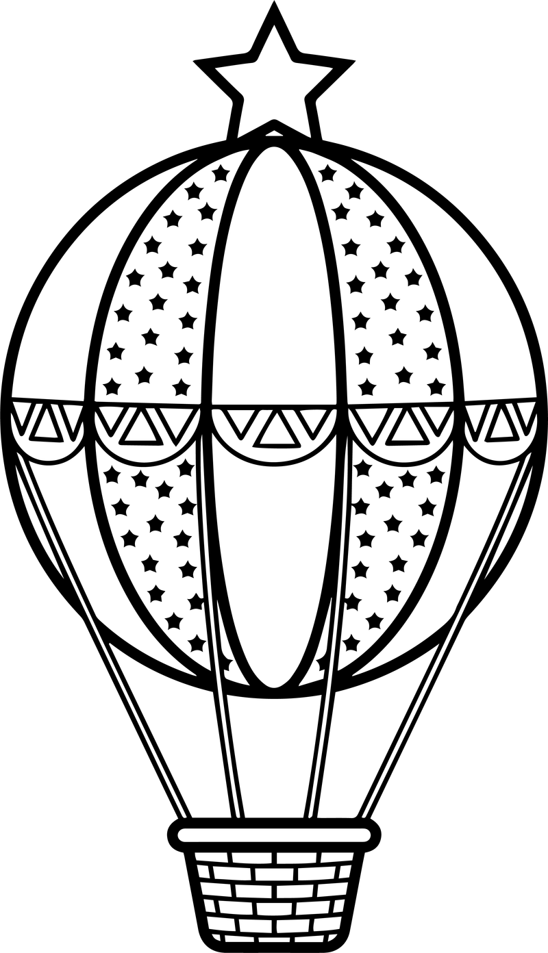 Line art of a hot air balloon with a star on top, patterned panels and a basket