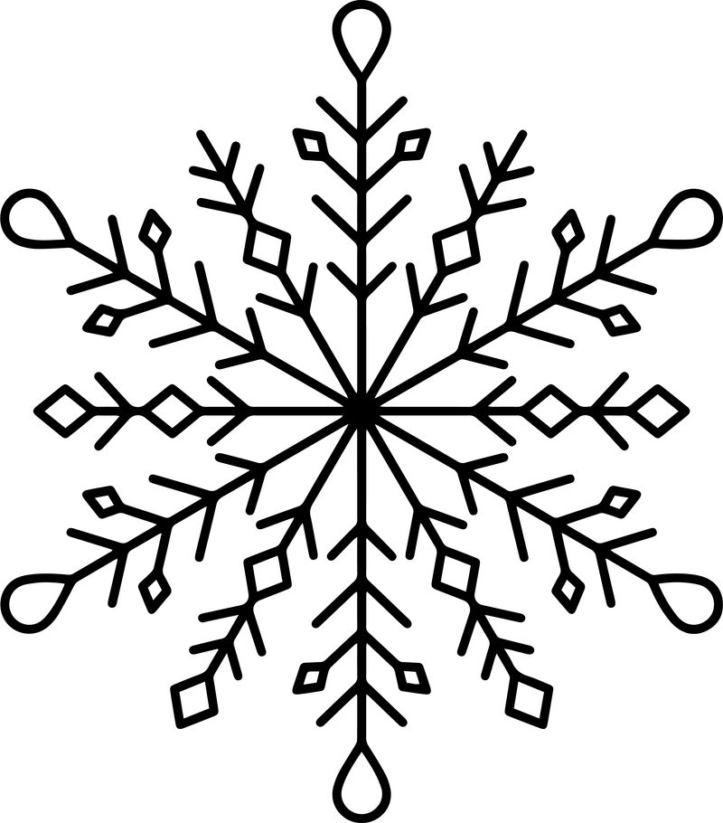Line art of an intricate snowflake with diamond shapes and teardrop tips