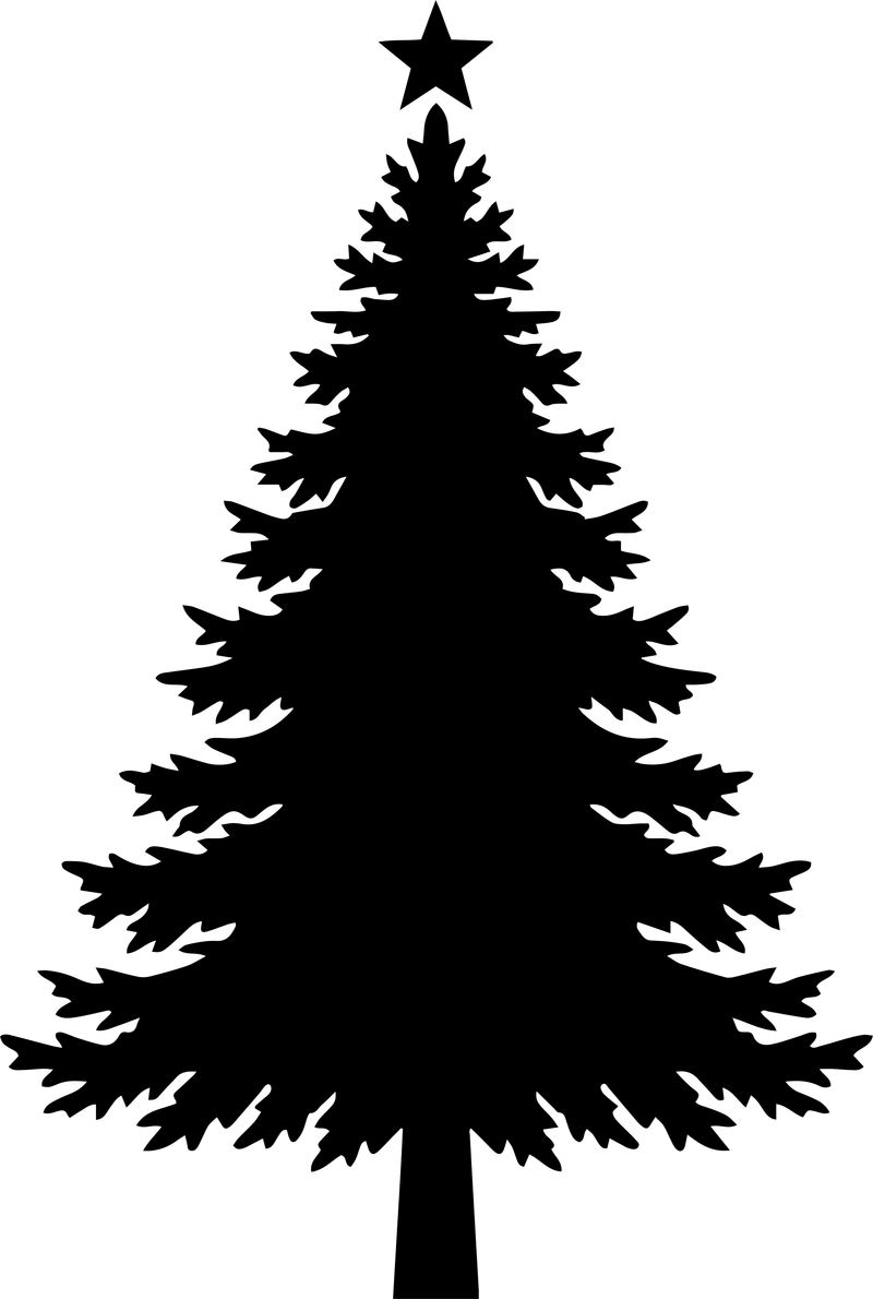 Black silhouette of a jagged fir tree with a star on top