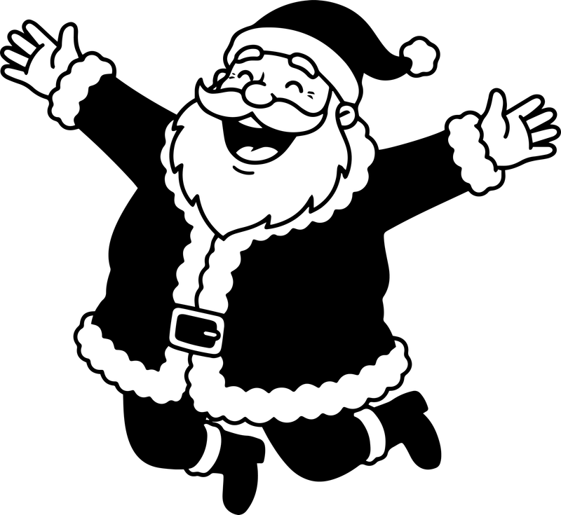 Line art of a Santa jumping with arms wide in a solid black coat