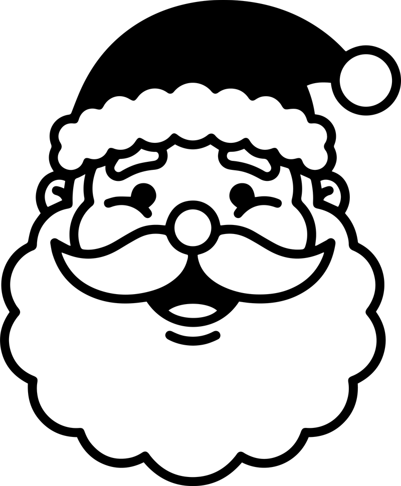Line art of a laughing Santa face with a solid black hat and a big beard