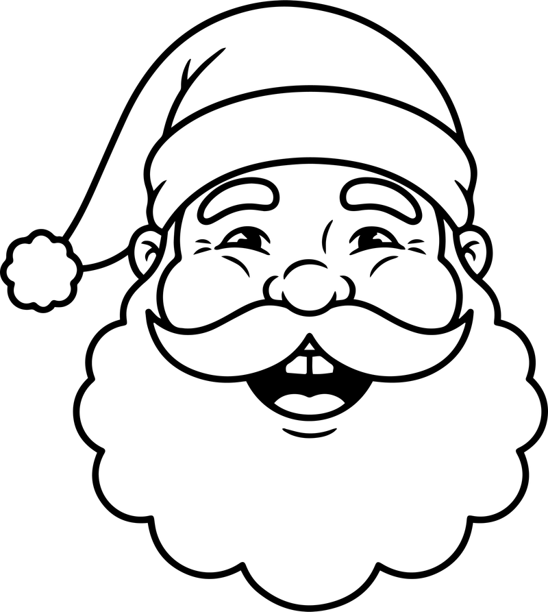 Line art of a laughing Santa face with an open mouth and a big beard