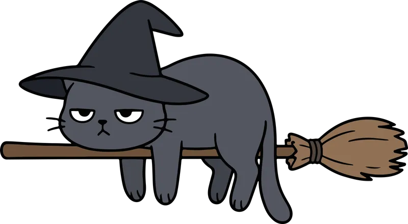 Sleepy gray cat in a witch hat draped over a broomstick with legs and tail hanging down