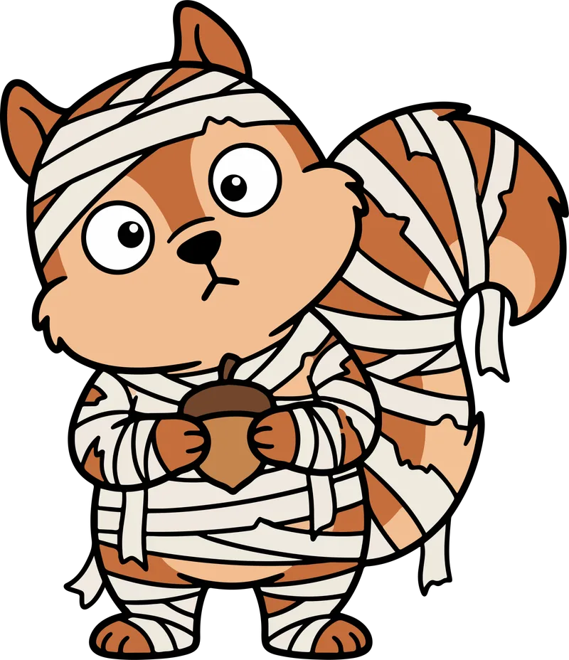 Wide-eyed squirrel wrapped in white bandages holding an acorn with its tail wrapped too