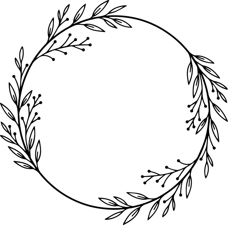 Line art of a thin circle wreath with leaf sprigs and tiny berries