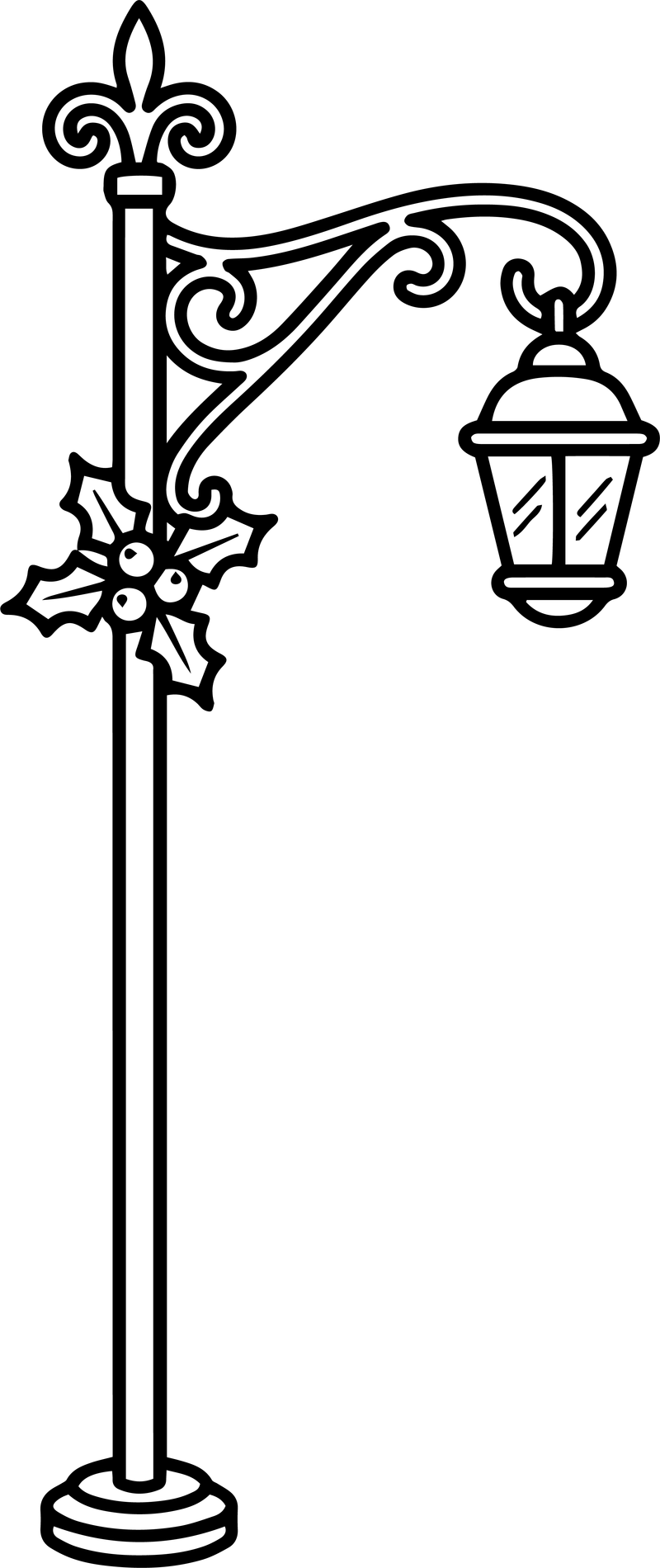 Line art of an ornate lamp post with a scrolled arm, lantern and holly
