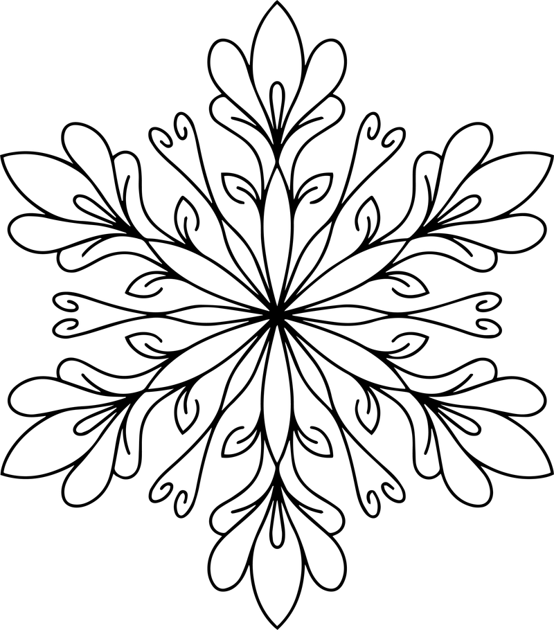 Line art of a mandala-style snowflake made of petals and swirls