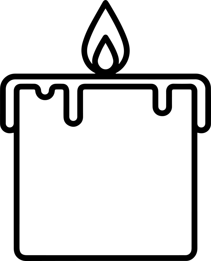 Black line art of a wide pillar candle with dripping wax and a flame