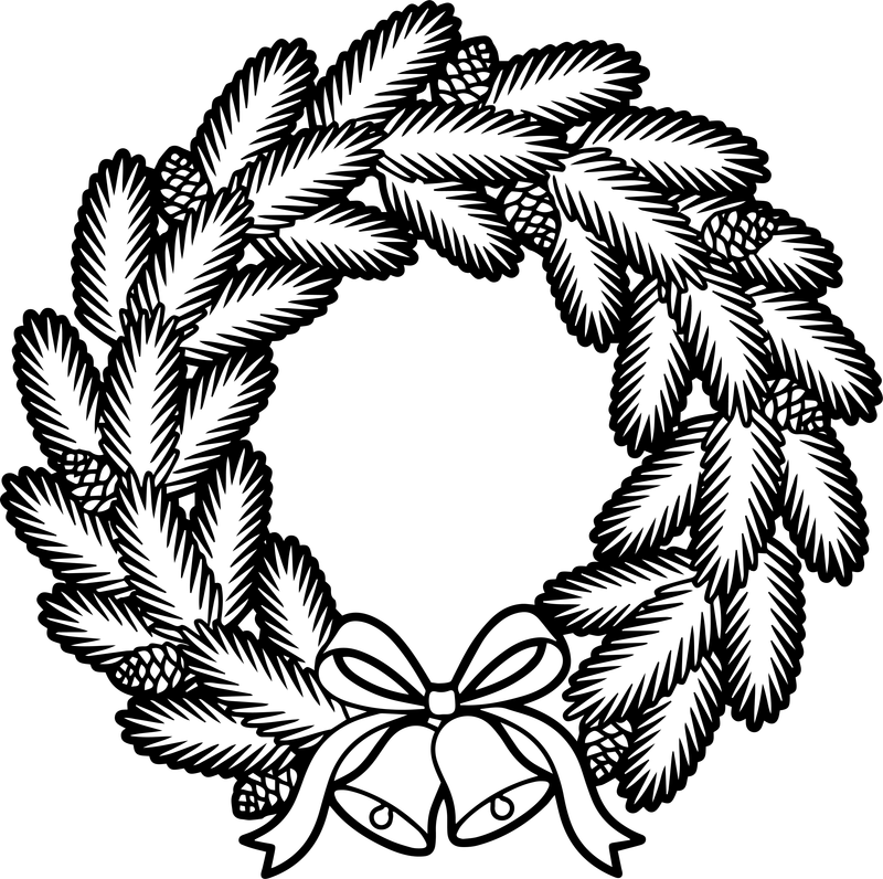 Line art of a pine wreath with pinecones, a bow and two bells