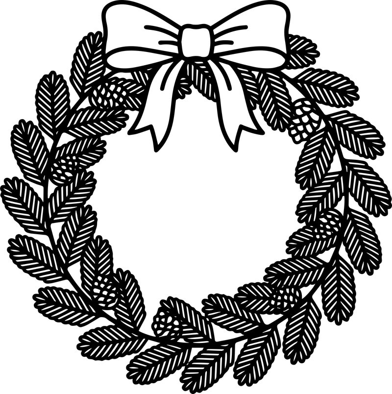 Line art of a round pine wreath with pinecones and a bow at the top