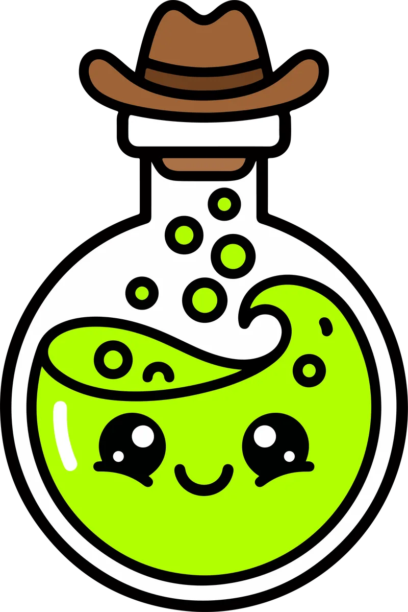 Round glass potion bottle with a smiling face and bubbling green liquid topped by a cowboy hat