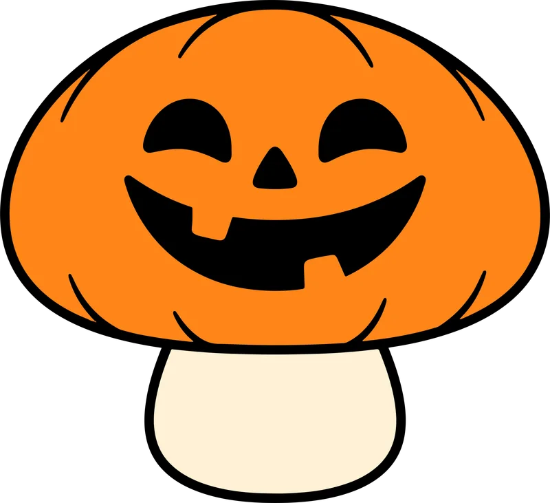 Mushroom with an orange cap carved like a jack-o'-lantern with a happy face and cream stem