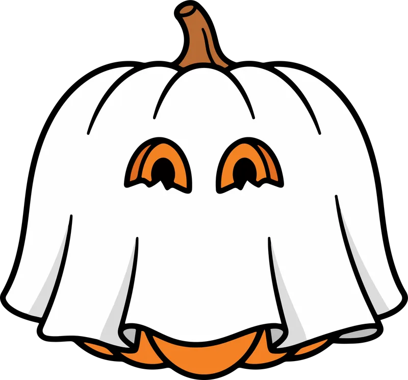Orange pumpkin covered by a white ghost sheet with glowing orange eyes peeking out