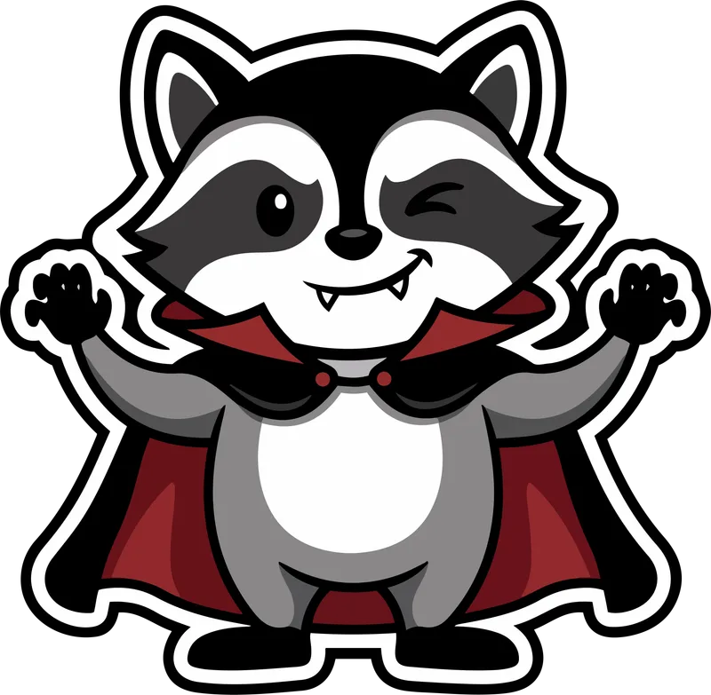 Winking raccoon dressed as a vampire with fangs, a red-lined cape and a white sticker border