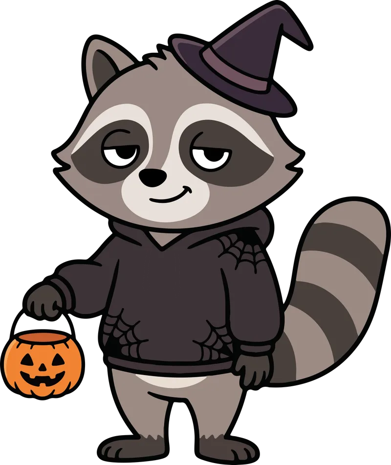 Cartoon raccoon in a witch hat and cobweb hoodie carrying a pumpkin candy bucket