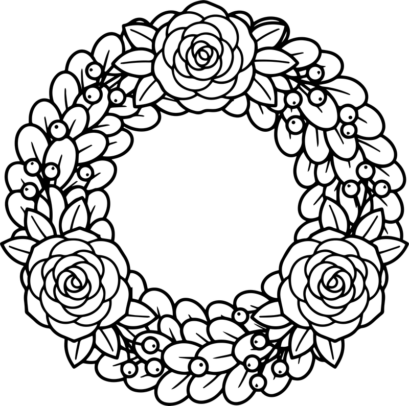 Line art of a round wreath of open roses, leaves and small berries