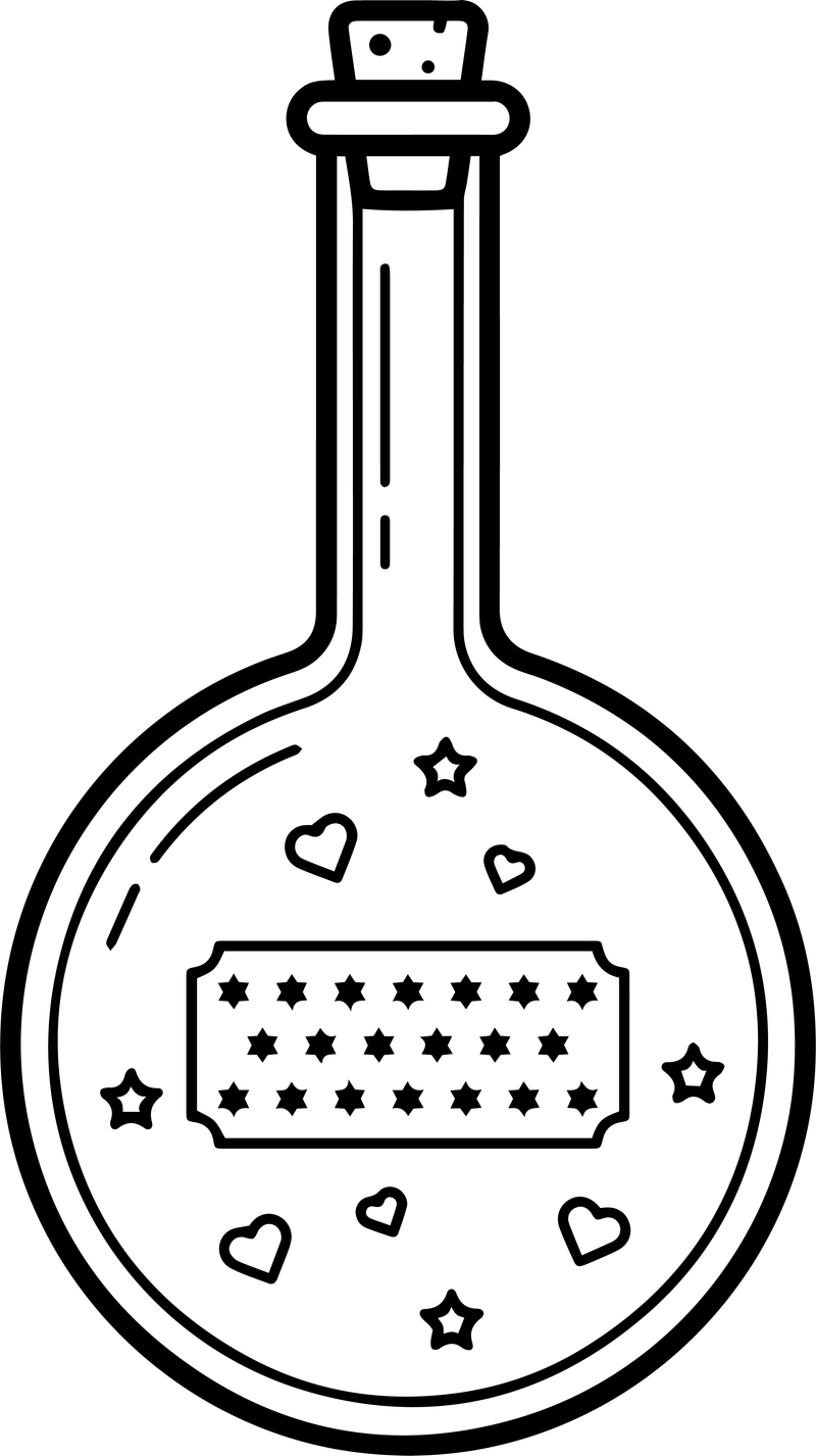 Line art of a round glass bottle with a cork and a star-patterned label