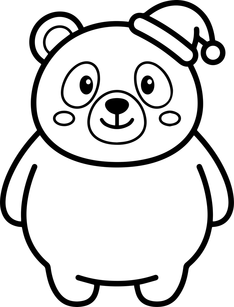 Line art of a round-eared bear wearing a tilted Santa hat