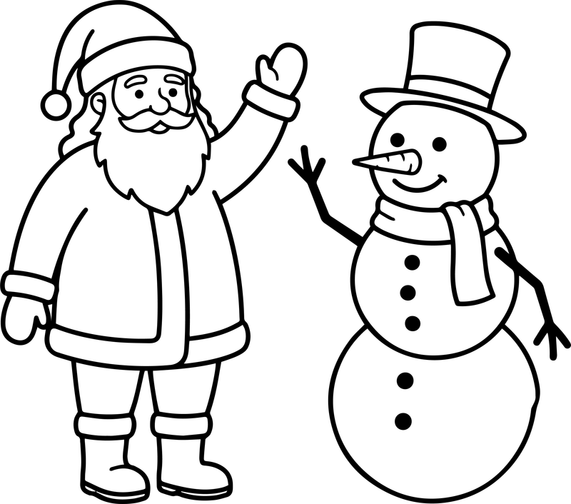Line art of Santa Claus waving beside a snowman in a top hat