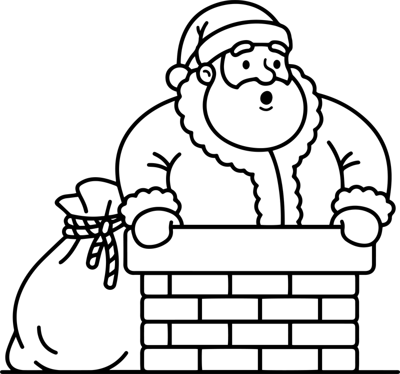 Line art of Santa Claus climbing out of a brick chimney next to a gift sack