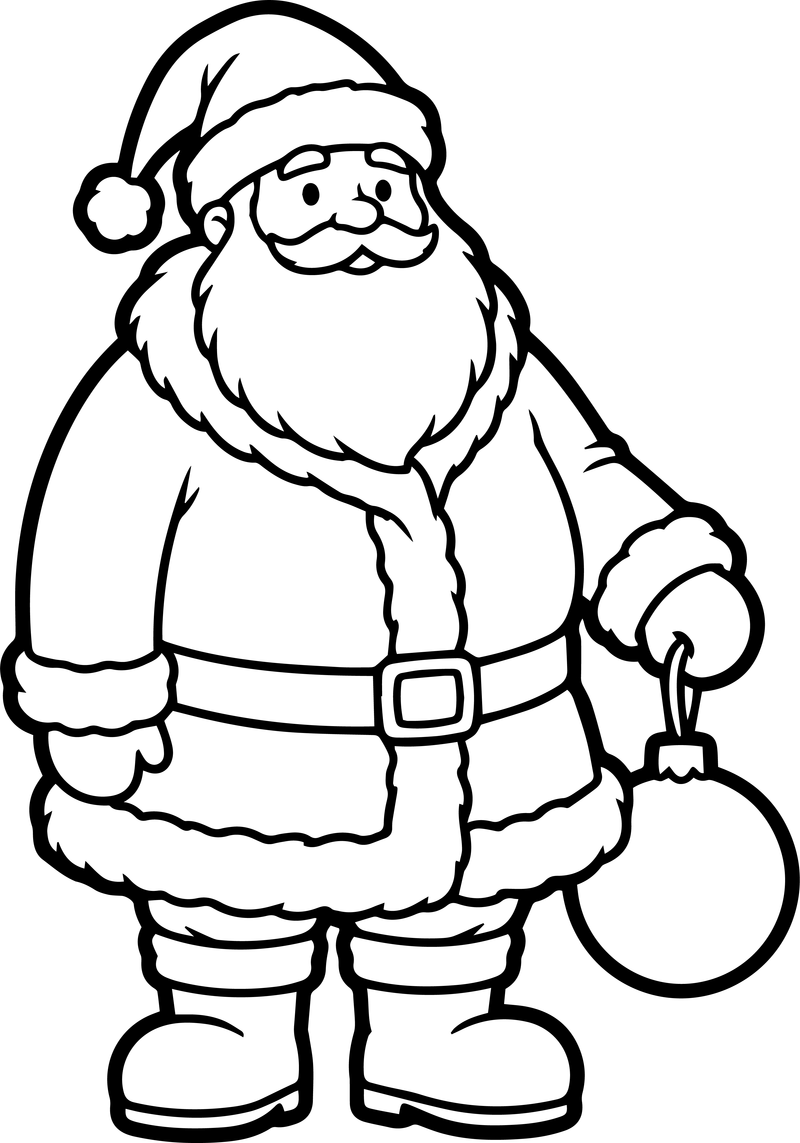 Line art of Santa Claus holding a round ornament by its loop