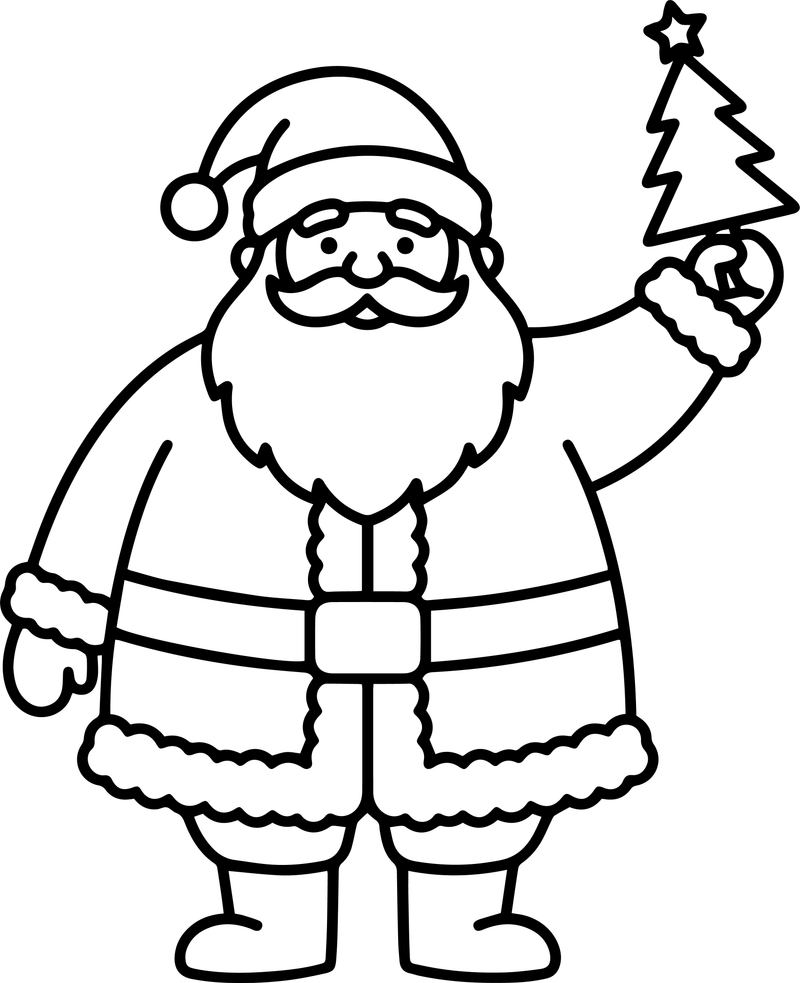 Line art of Santa Claus holding up a small Christmas tree with a star