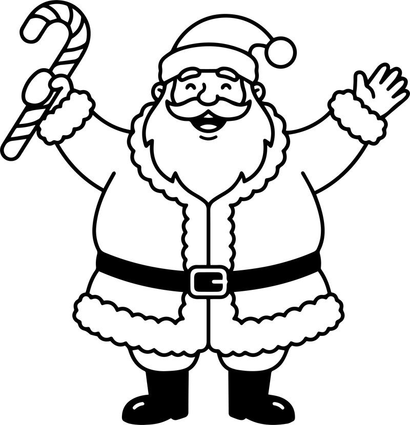 Line art of Santa Claus holding a candy cane with one hand raised