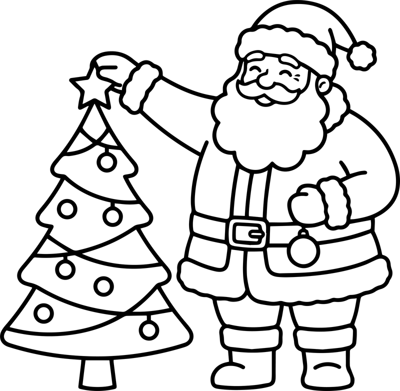 Line art of Santa Claus placing a star on top of a decorated Christmas tree