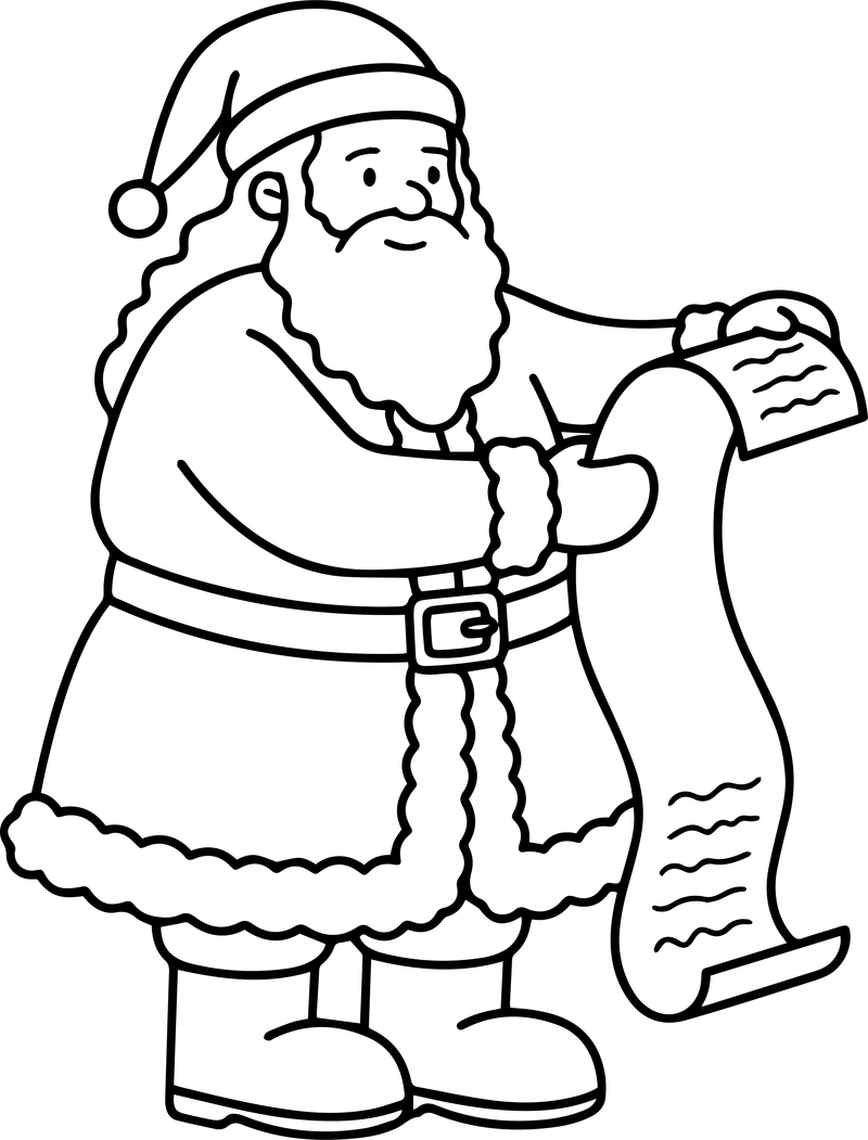 Line art of Santa Claus reading a long scroll list that reaches the ground