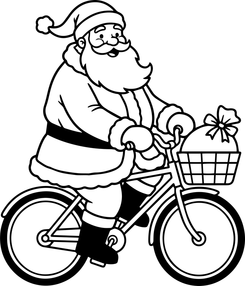 Line art of Santa Claus riding a bicycle with a gift in the front basket