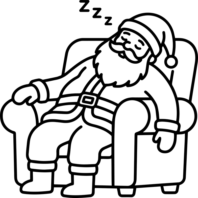 Line art of Santa Claus asleep in an armchair with Z letters above him