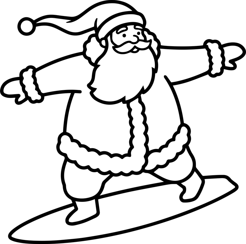 Line art of Santa Claus standing on a surfboard with arms spread wide