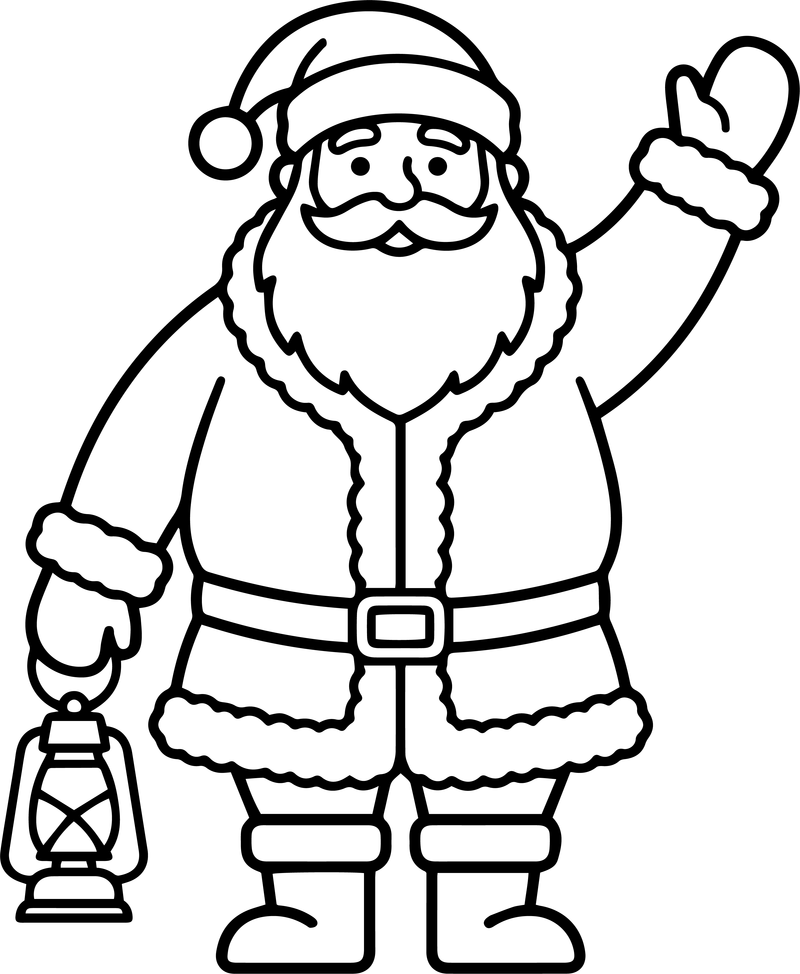 Line art of Santa Claus waving and holding a small lantern