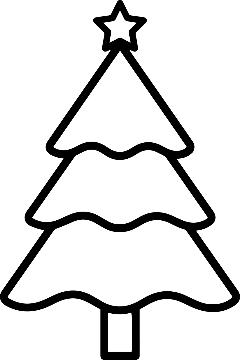 Line art of a Christmas tree with scalloped tier edges and a star