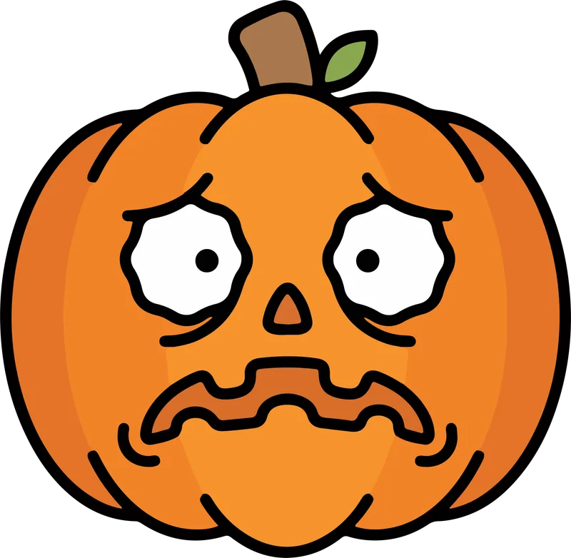 Orange cartoon pumpkin with wide white eyes and a nervous wobbly frown