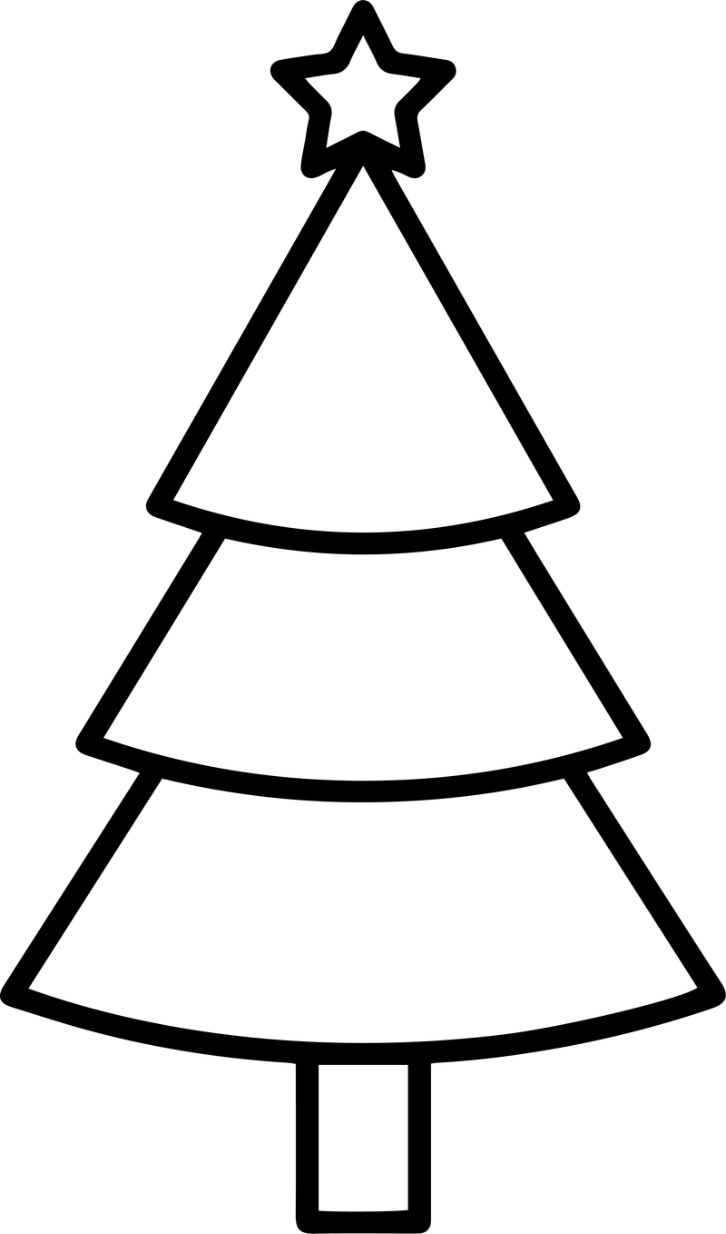 Line art of a simple Christmas tree with three curved tiers and a star