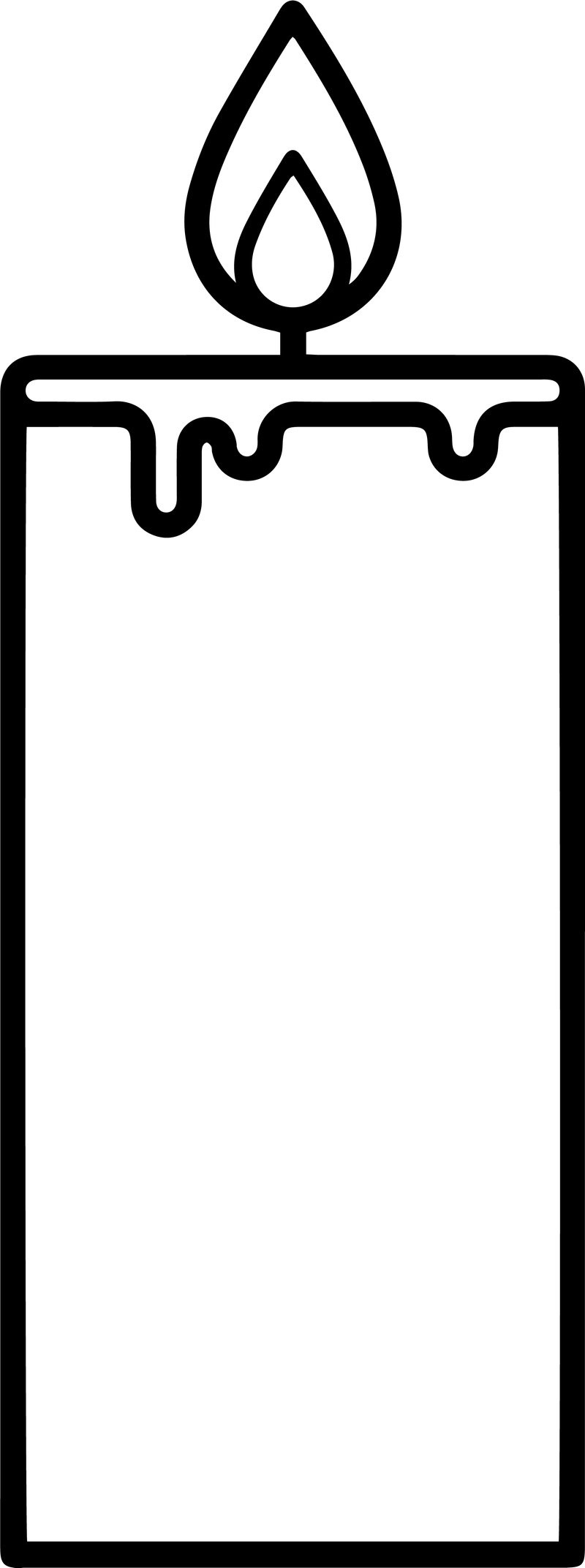 Line art of a tall pillar candle with a flame and wax drips