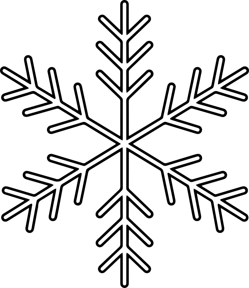 Line art of a simple six-armed snowflake with angled side branches