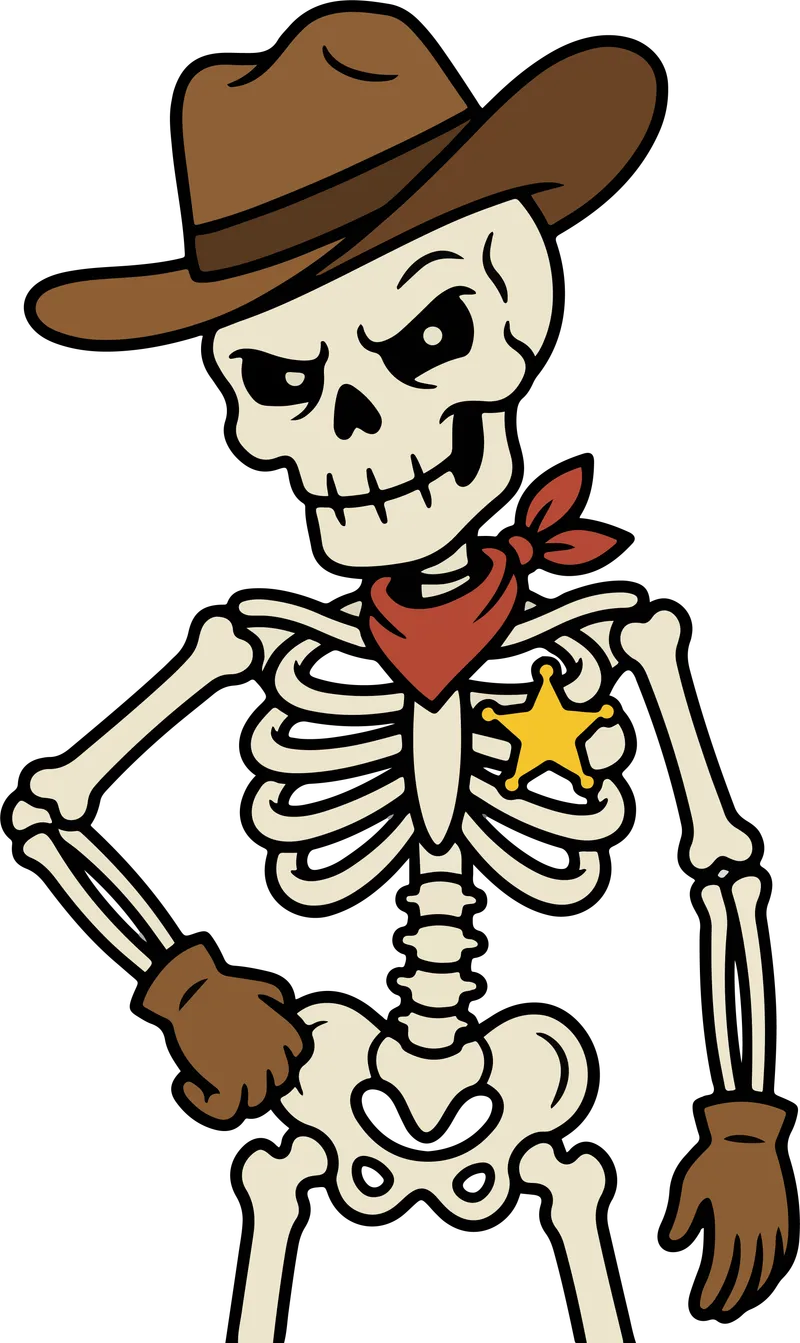 Skeleton in a brown cowboy hat, red bandana and gold sheriff star with leather gloves