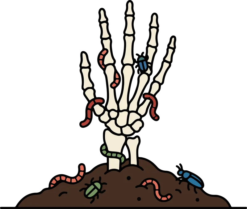 Skeleton hand rising from a mound of dark soil with worms and beetles crawling nearby