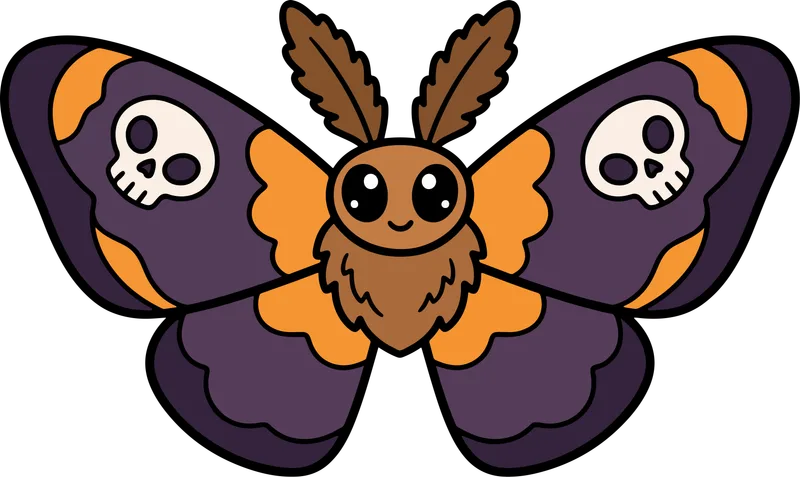 Fuzzy moth with purple and orange wings marked with white skulls and feathery antennae