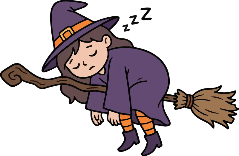 Cartoon witch girl in a purple dress and hat asleep on a broomstick with Z letters above