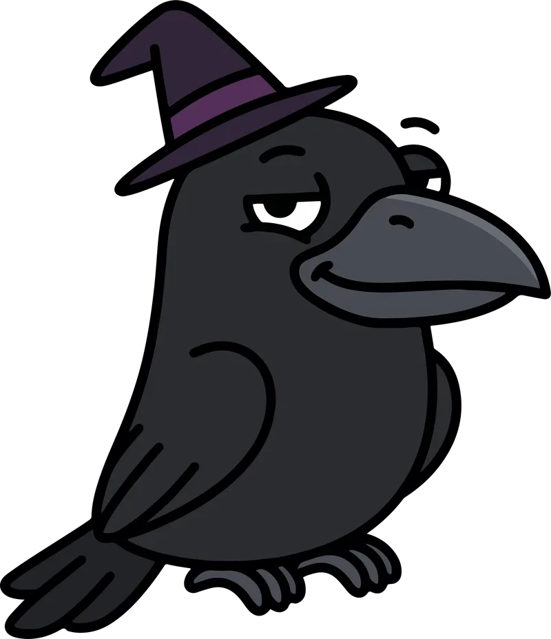 Black raven with a gray beak and sleepy eyes wearing a dark purple witch hat